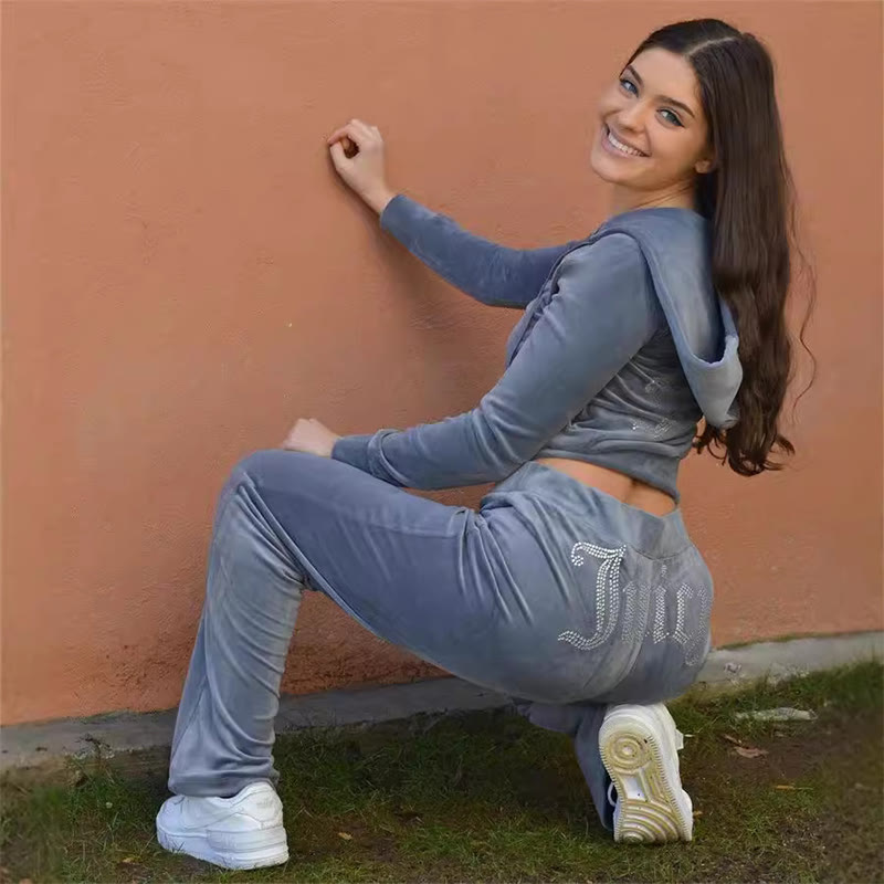 Solid Color Rhinestone Velvet Sporty Casual Two-Piece Set - image 13