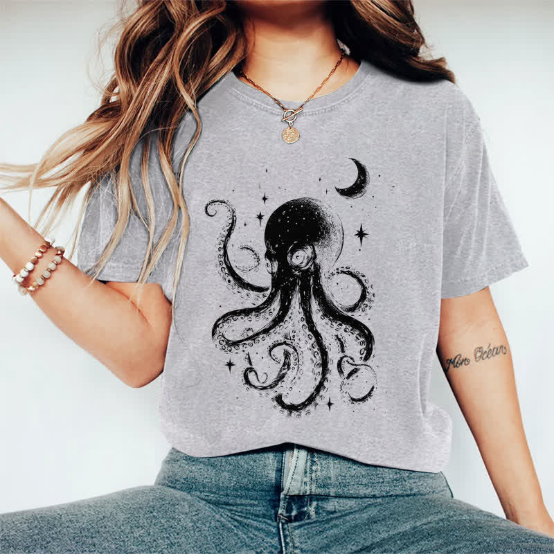100% Cotton Japanese Watercolor Star & Moon Octopus Art T-shirt - Grey - 2XL - image 7