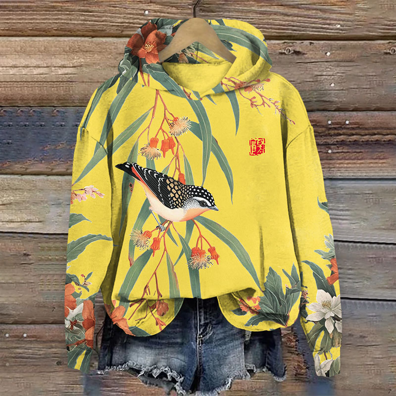 Japanese Vintage Little Bird Pattern Print Long Sleeved Hoodie - Yellow - US44-46(8XL) - image 4
