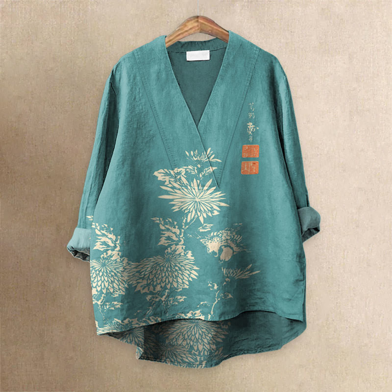 Vintage Chrysanthemum Printed Casual V-neck Blouse - Blue - 6XL - image 6