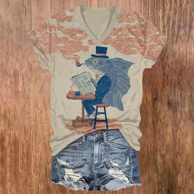 Creative Mr. Cyprinoid Reading Newspaper Print Short Sleeved V-neck T-shirt - Khaki - US32-34(5XL) - image 1