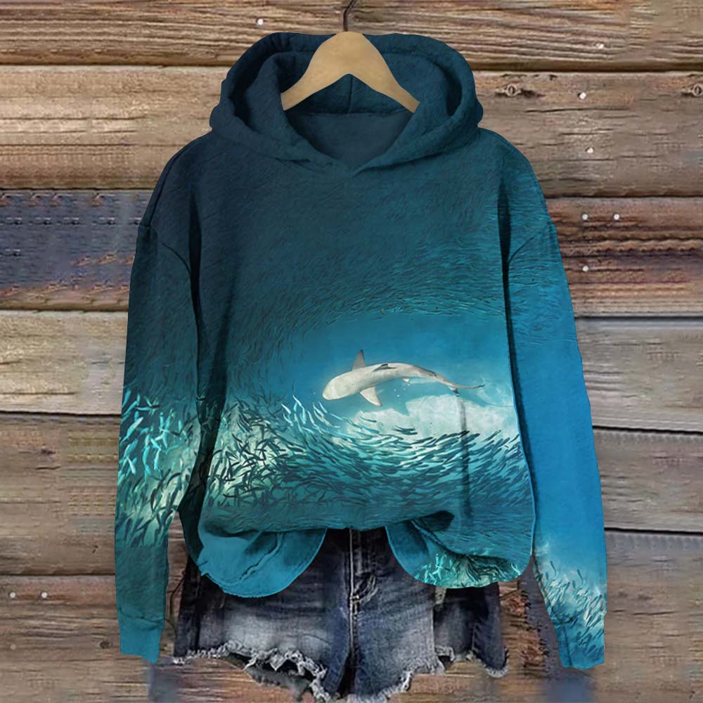 Creative Shark And Fish School Print Long Sleeve Hoodie - Blue - 8XL - image 1