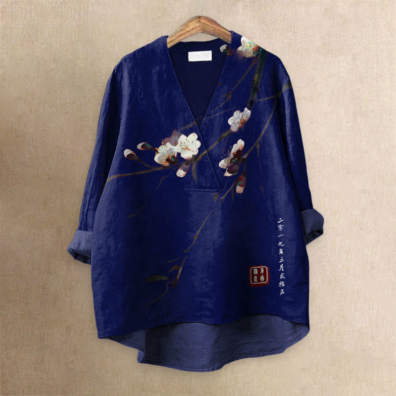 Vintage Plum Blossom Art Printed Casual V-neck Blouse - Navy Blue - 6XL - image 5