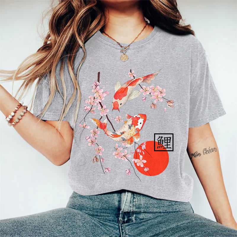 100% Cotton Women's Japanese Sakura Koi Carp Art Print Casual T-shirt - Grey - 2XL - image 5