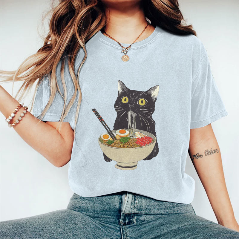 100% Cotton Ramen Cat T-shirt - Blue - 2XL - image 8
