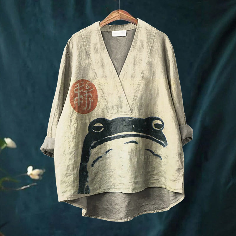 Women's Japanese Abstract Frog Printed Casual V-neck Blouse - image 2