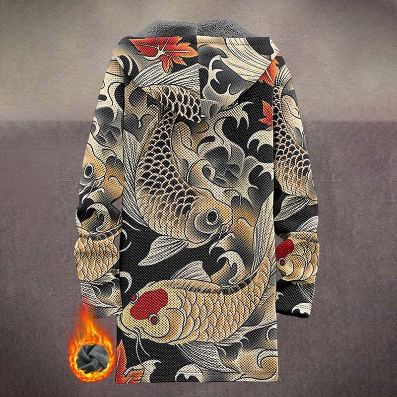Retro Watercolor Golden Koi Carp Print Unisex Plush Thick Long-sleeved Fleece Jacket Coat - image 4