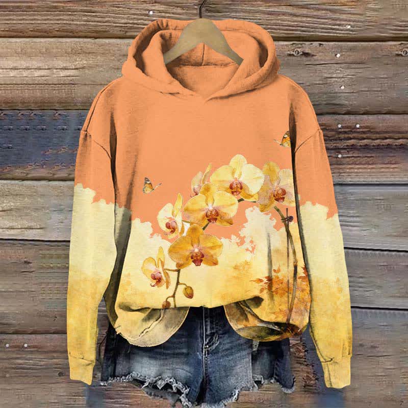 Vintage Yellow Phalaenopsis Art Print Long Sleeve Hoodie - Orange - US44-46(8XL) - image 3