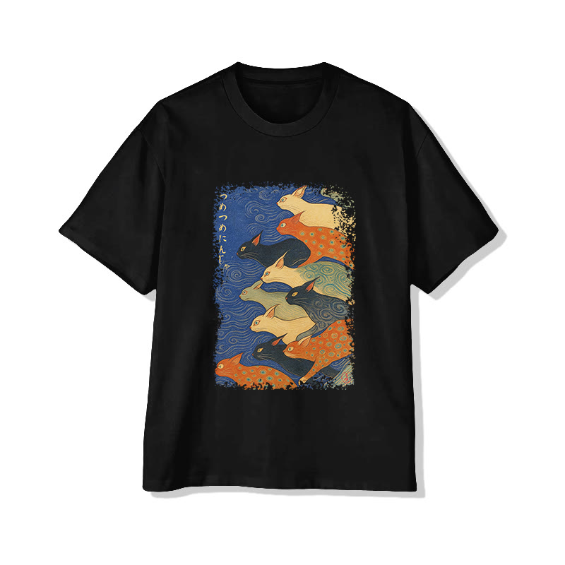 Unisex Japanese Ukiyo-E Cats Print Short Sleeved Crew Neck T-Shirt - Black - 2XL - image 4