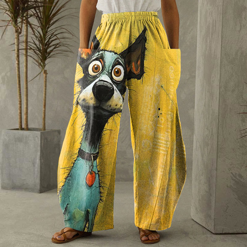 Art Dog Print Casual Pants - Yellow - 6XL - image 1