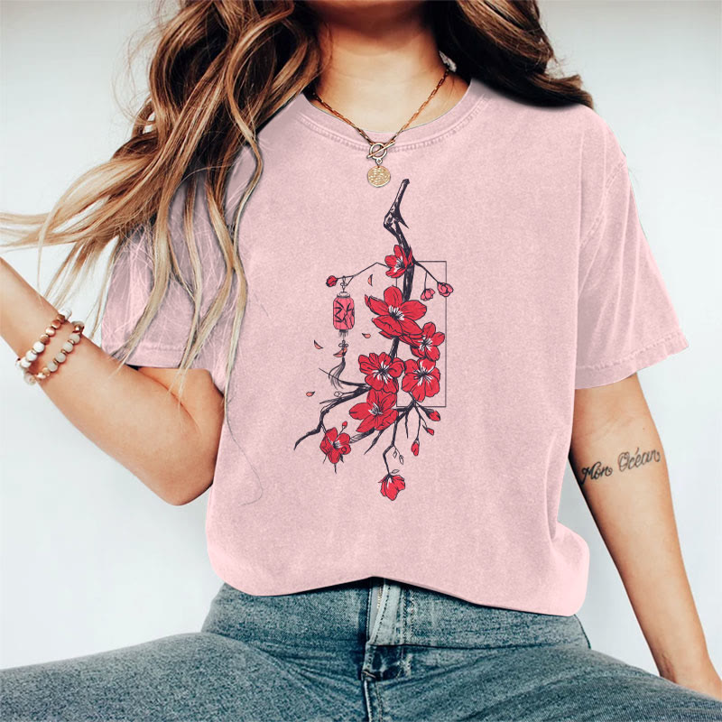 100% Cotton Women's Japanese Sakura & Lantern Art Print Casual T-shirt - Pink - 2XL - image 3