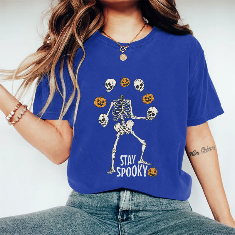 100% Cotton Women's Halloween Funny Stay Spooky Art Print Casual T-shirt - Blue - 2XL - image 7