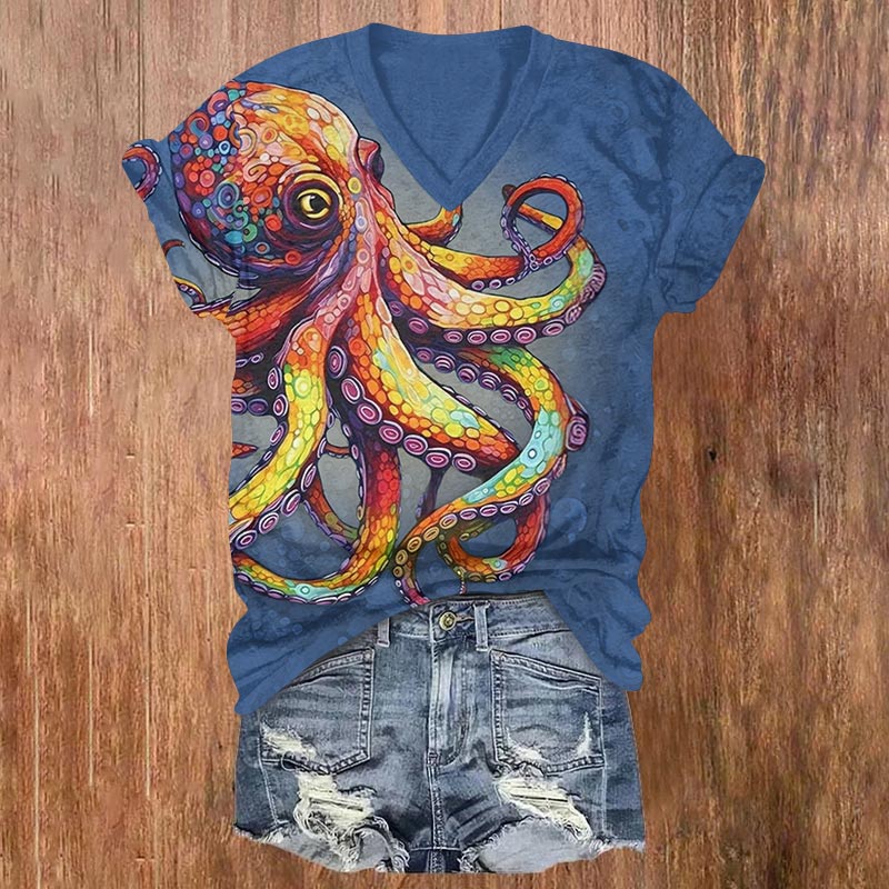 Colorful Ombre Geometric Octopus Print V-neck T-shirt - Blue - US32-34(5XL) - image 3