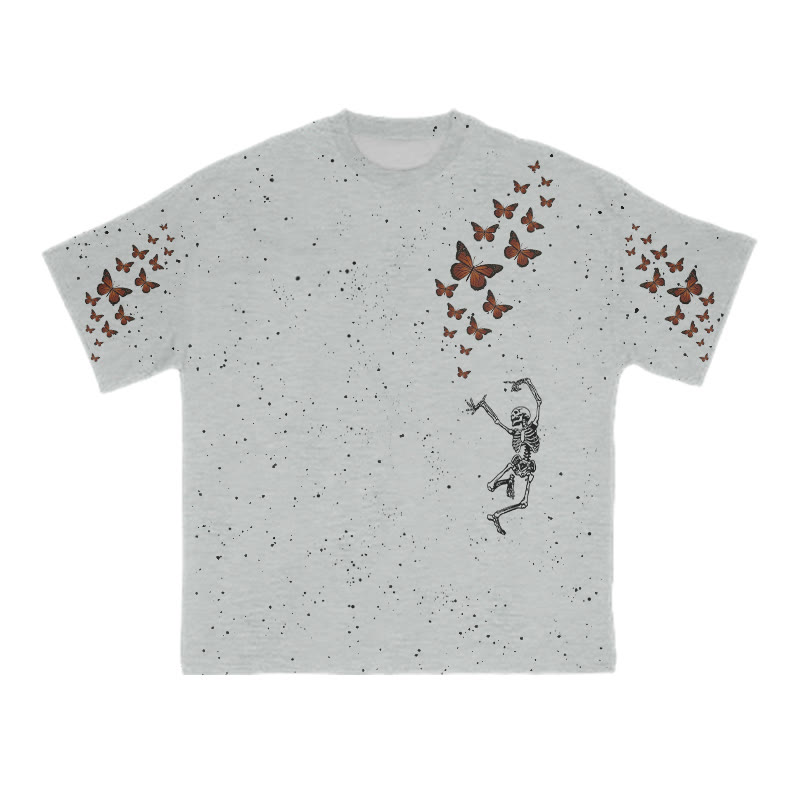 Unisex Dancing Skeleton Butterfly Print T-shirt - Grey - 8XL - image 2