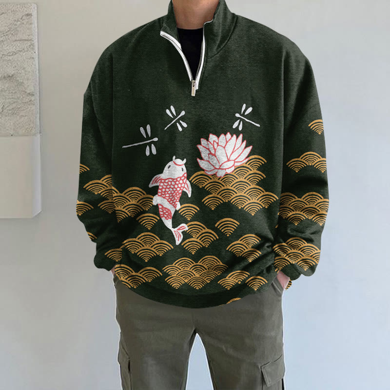 Japanese Style Koi Fish Dragonfly Wave Art Print Long Sleeve Zipper Sweatshirt - Dark Green - 5XL - image 5