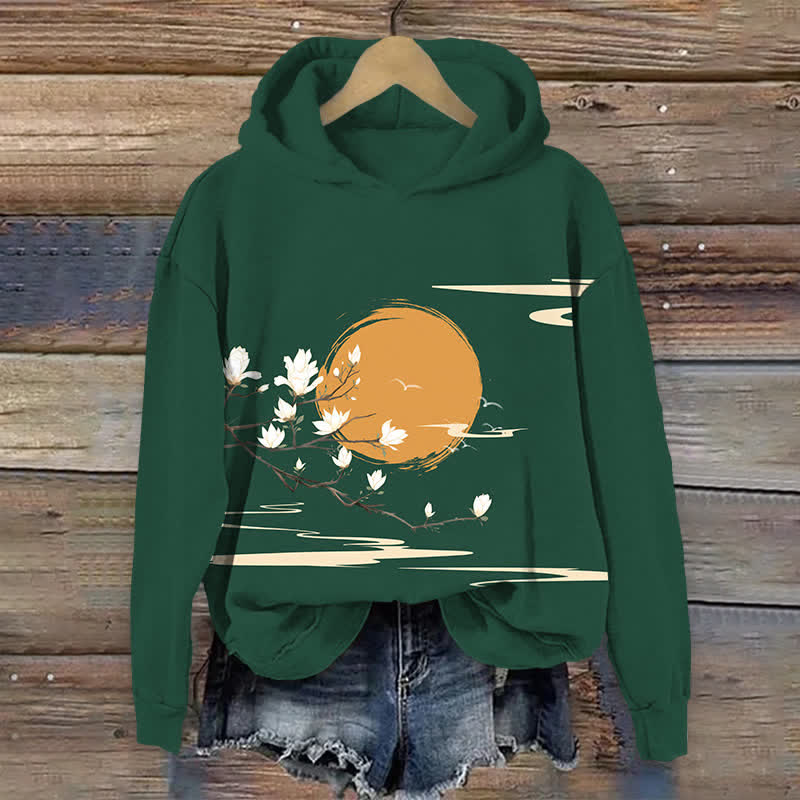 Japanese Sun & Blossoms Art Print Long Sleeve Hoodie - Green - US44-46(8XL) - image 3