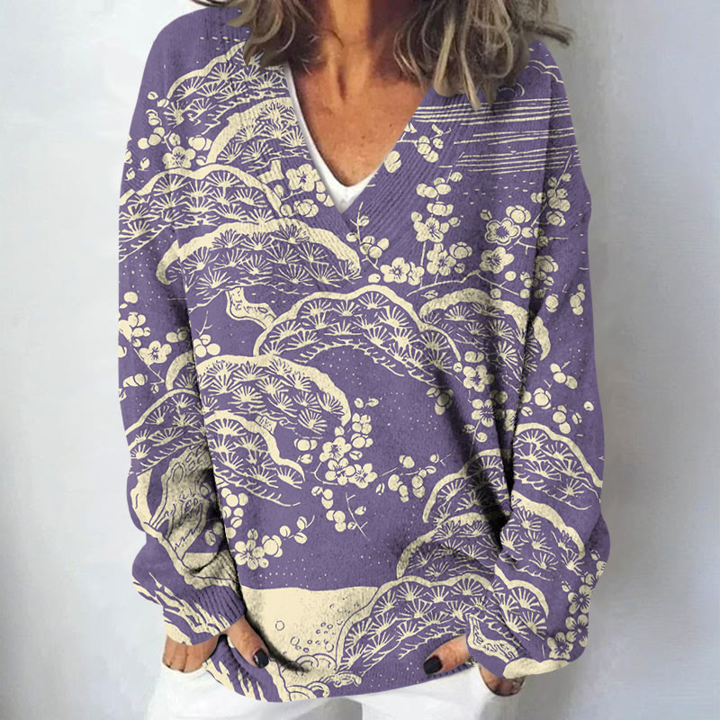 Women's Japanese Art Plum Blossom Art Print Causal V-neck Pullover Sweater - Purple - 4XL - image 5