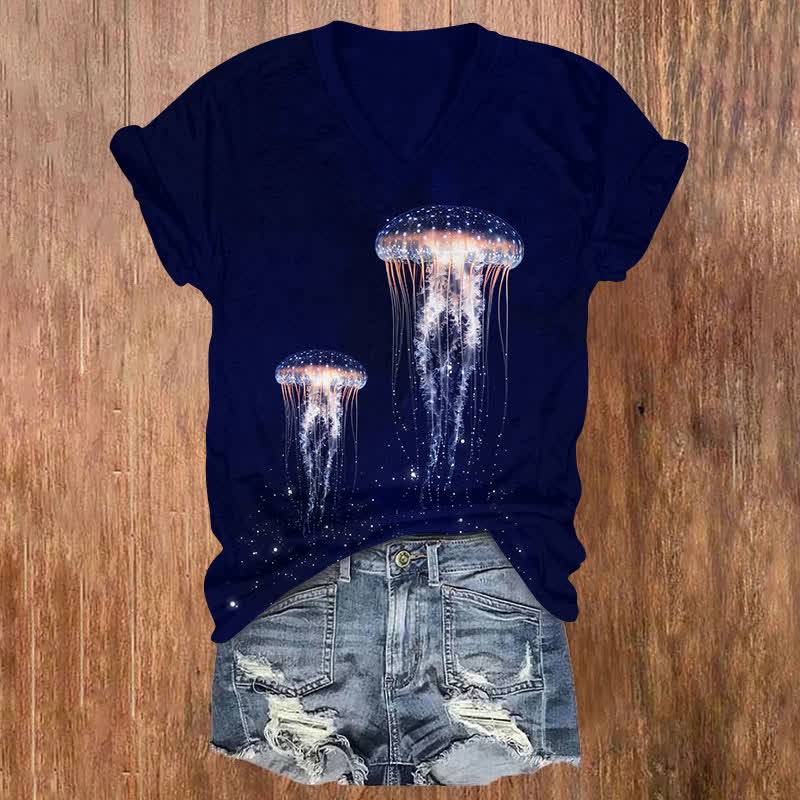 Creative Vivid Glowing Transparent Jellyfish Art Print V-neck T-shirt - Dark Blue - US32-34(5XL) - image 2