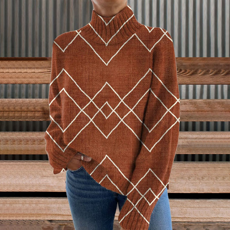 Brown Vintage Aztecs Print Turtleneck Pullover Sweater - image 2