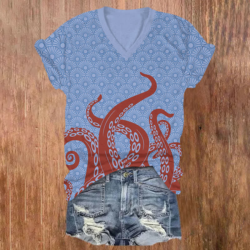 Japanese Sunflower Octopus Tentacles Art Print V-neck T-shirt - Blue - US32-34(5XL) - image 3