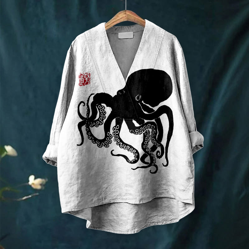 Octopus Japanese Lino Art Print Casual V-neck Blouse - image 4