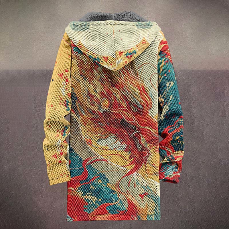 Retro Watercolor Dragon Pattern Print Unisex Plush Thick Long-sleeved Fleece Jacket Coat - image 4
