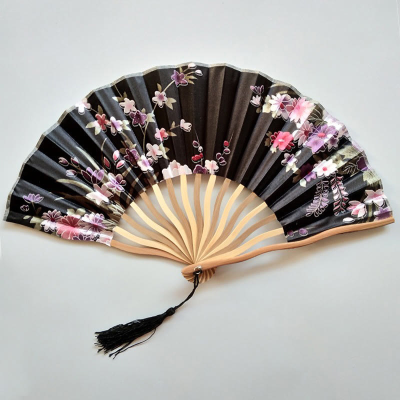 Japanese Style Floral Shaped Fracture Fan - Black - image 4