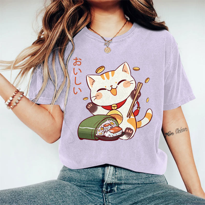 100% Cotton Women's Japanese Lucky Cat Eating Sushi Art Print Casual T-shirt - Purple - 2XL - image 4