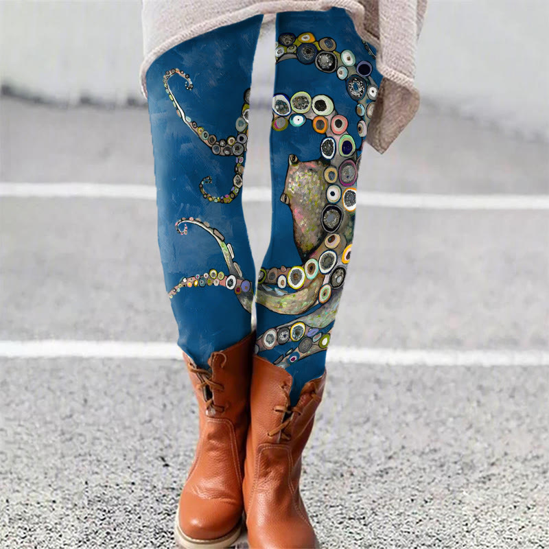 Colorful Octopus Oil Painting Print Leggings - Blue - 5XL - image 2