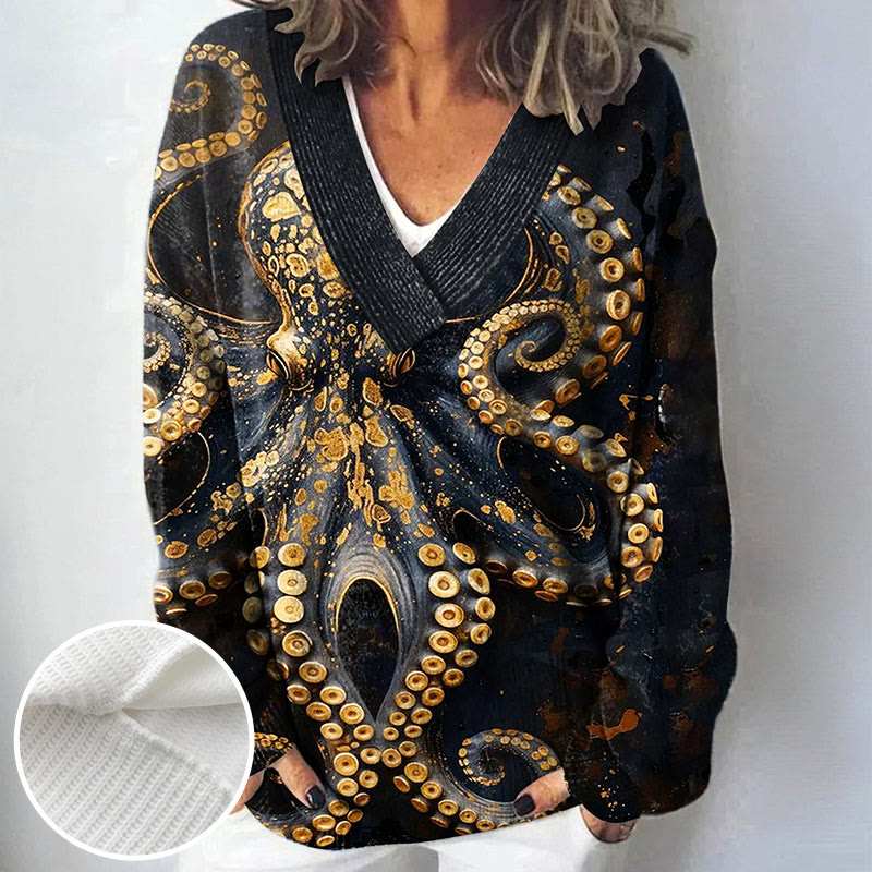 Women's Vintage Fish Octopus Art Print Causal V-neck Pullover Sweater - image 2
