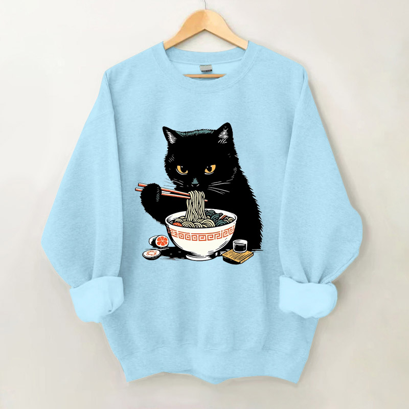 100% Cotton Japanese Cute Cat And Ramen Print Crew Neck Sweatshirt - Blue - 2XL - image 3
