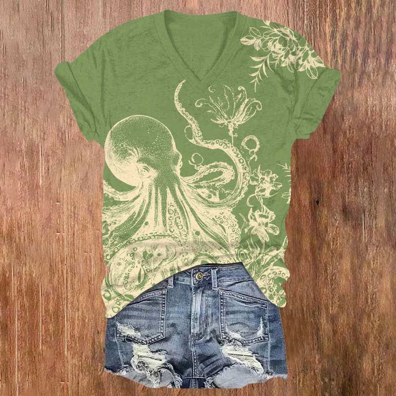 Japanese Watercolor Octopus & Flower Art Print V-neck T-shirt - image 3