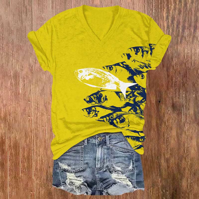 Vintage Abstract Sardines Art Print V-neck T-shirt - Yellow - US32-34(5XL) - image 4