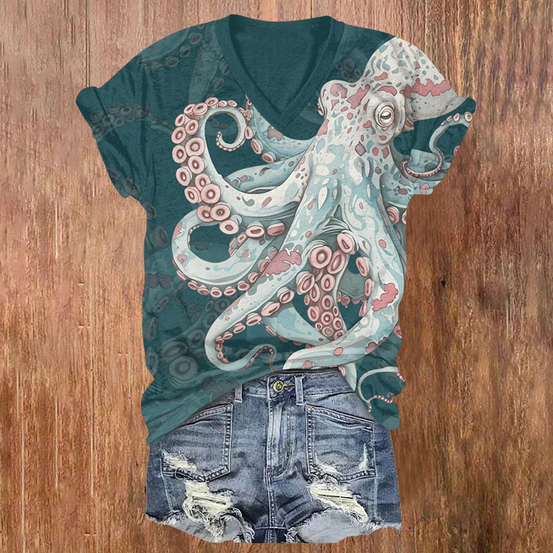 Vintage Giant Leopard Octopus Print V-neck T-shirt - Olive Green - US32-34(5XL) - image 3