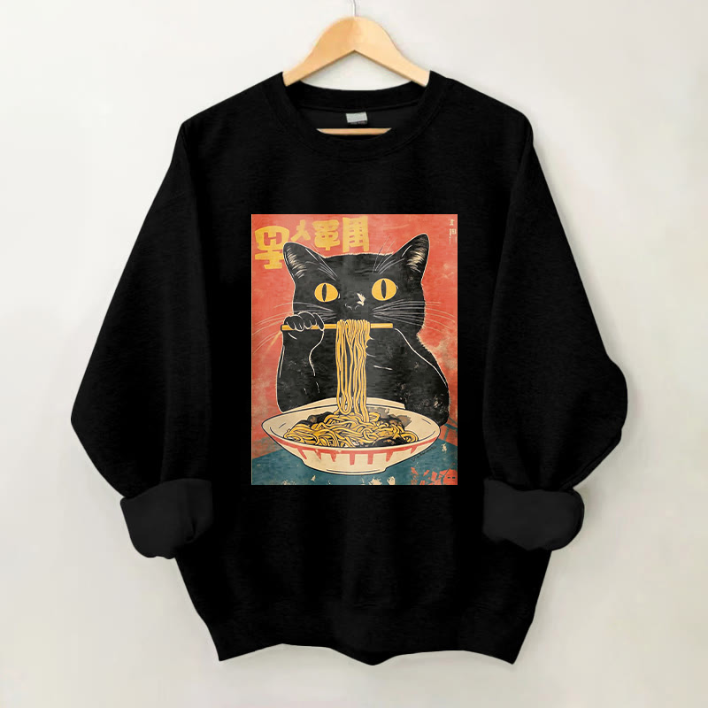 100% Cotton Japanese Cat Eating Ramen Print Crew Neck Sweatshirt - Black - 2XL - image 2