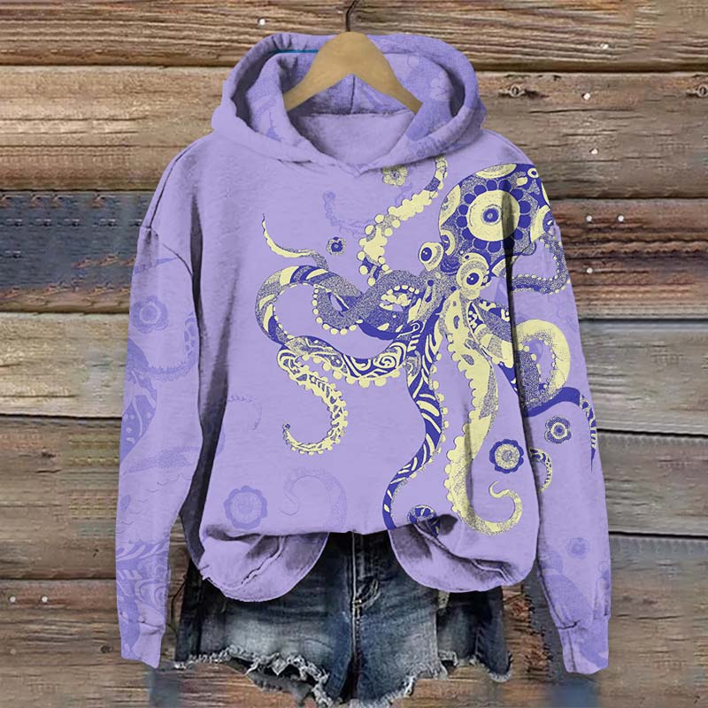 Funny Abstract Floral Pattern Octopus Print Long Sleeve Hoodie - Purple - US44-46(8XL) - image 2
