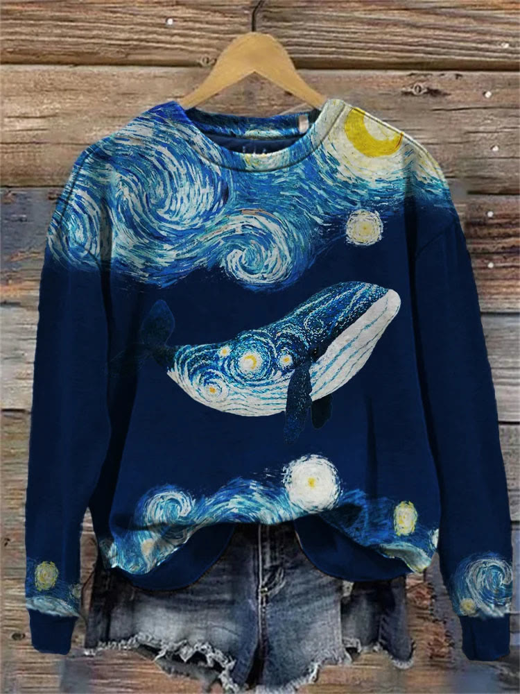 Starry Night Inspired Whale Art Sweatshirt - Navy Blue - 5XL - image 1