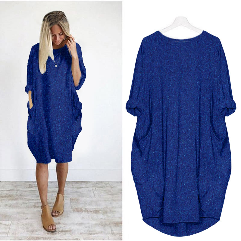 Women's Solid Color Loose Elegant Casual Long-sleeved Pocket Dress - Blue - 8XL - image 2
