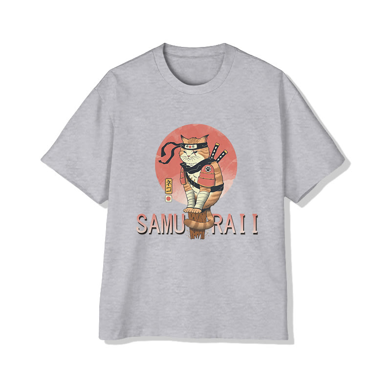 Unisex Japanese  Cute Samurai Cat  Art Pattern Cotton Print T-shirt - Grey - US20-22(3XL) - image 4