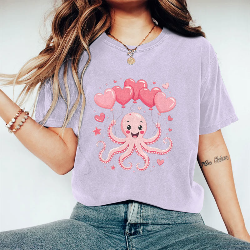 100% Cotton Valentine's Day Octopus Heart T-shirt - Purple - 2XL - image 9