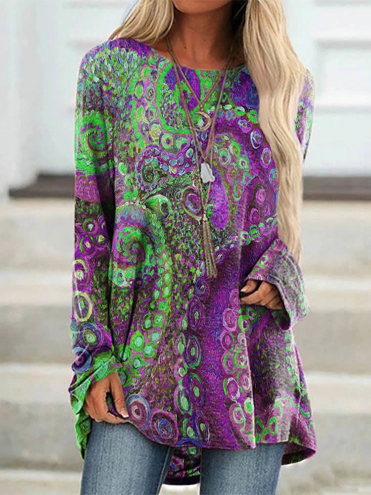 Multicolor Octopus Oil Painting Art Print Long Sleeved Tunic - Purple - 8XL - image 4