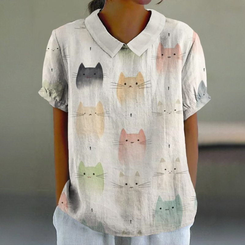 Vintage Colored Cartoon Cats Art Print Casual Lapel Loose Blouse - White - 6XL - image 1