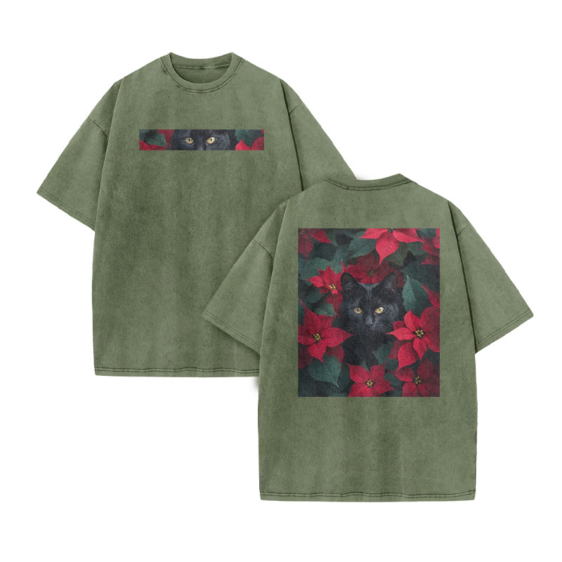 A Black Cat In A Field Of Christmas Flowers Print Acid Washed T-shirt - Army Green - US20-22(3XL) - image 10