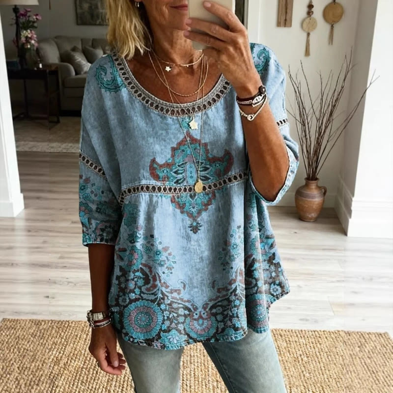 Boho Ethnic Totem Print Openwork Lace Splicing Round Neck Half Sleeve Blouse - Light Blue - 4XL - image 3