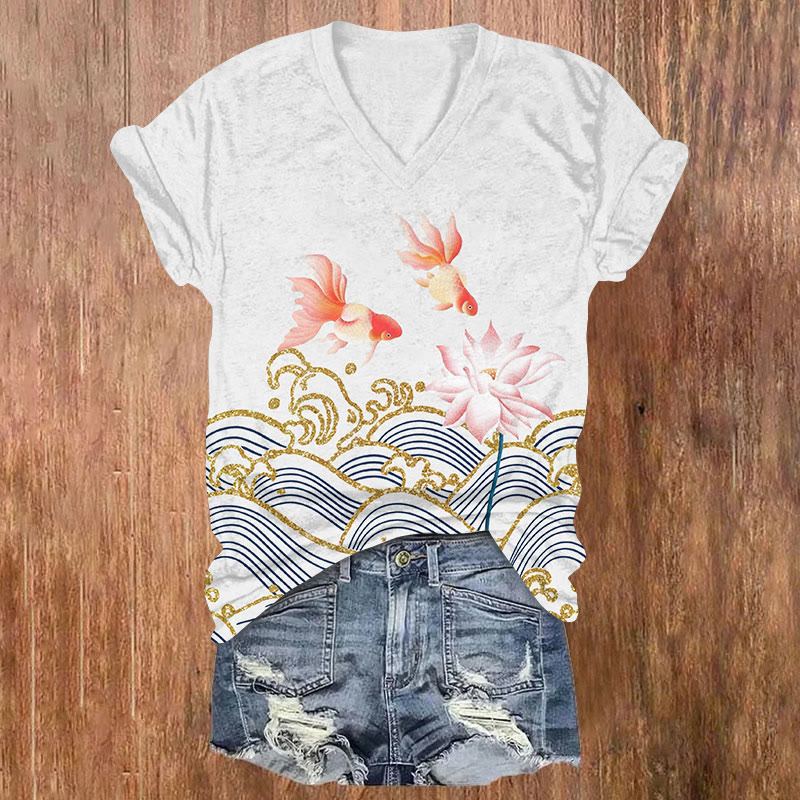 Japanese Wave Lotus Blossom & Goldfish Art Print V-neck T-shirt - White - US32-34(5XL) - image 3