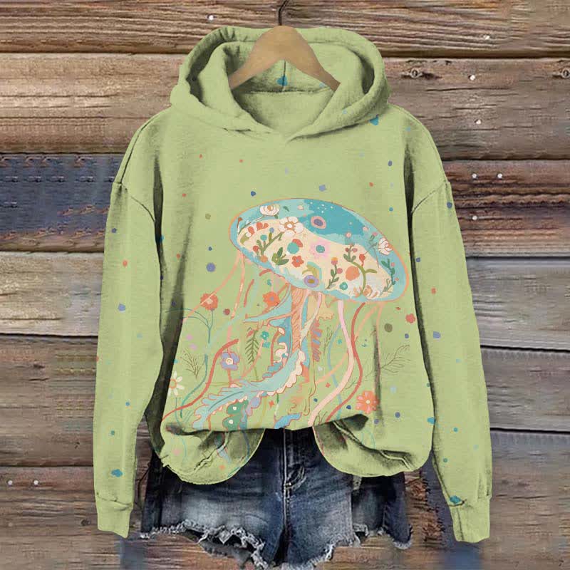 Japanese Creative Floral Jellyfish Art Print Long Sleeve Hoodie - Green - US44-46(8XL) - image 3
