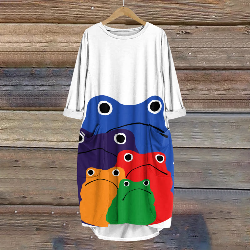 Cascading Rainbow Japanese Frog Print Crew Neck Dress - White - 8XL - image 2