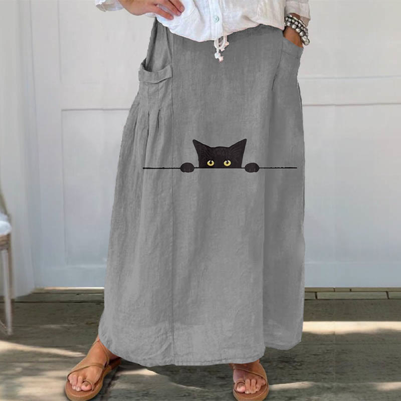 Women's Casual Black Cat Print Casual Pocket Skirt - Grey - 5XL - image 4