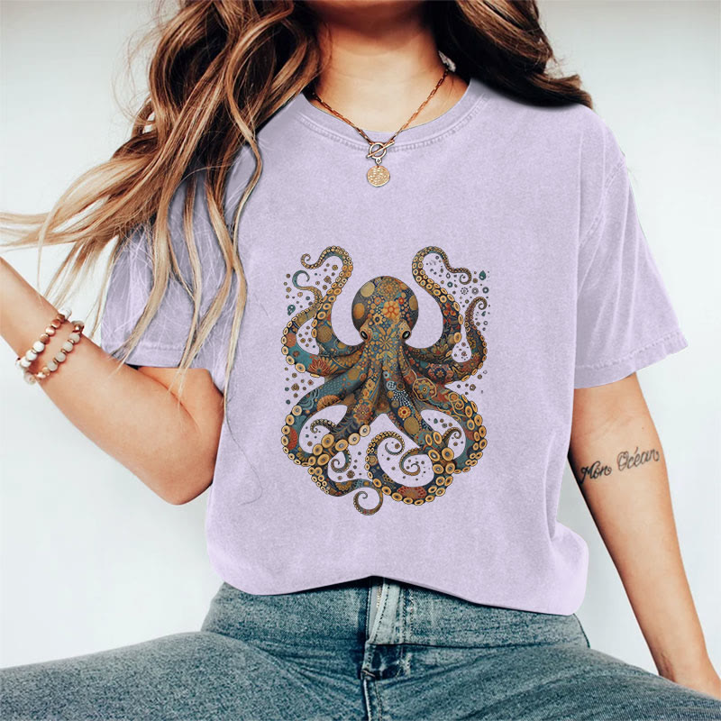 100% Cotton Vintage Flower Patterns Floral Octopus T-shirt - Purple - 2XL - image 9