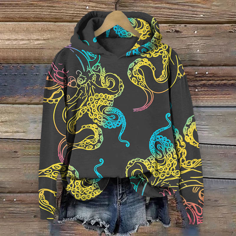 Japanese Abstract Color Painting Octopus Print Long Sleeve Hoodie - Black - US44-46(8XL) - image 5